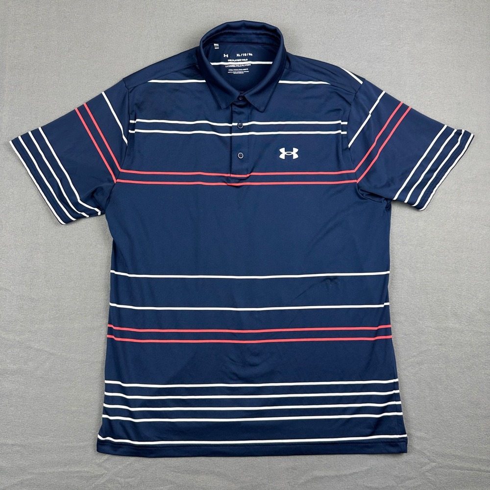 Under Armour Playoff Polo Mens XL Navy Blue Striped Short Sleeve Golf Shirt Logo
